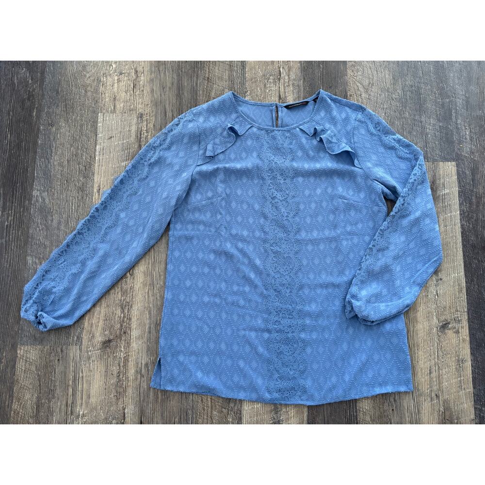 Isaac Mizrahi Live Womens Blue Lace Trim Ruffle Dobby Blouse Top Size 8